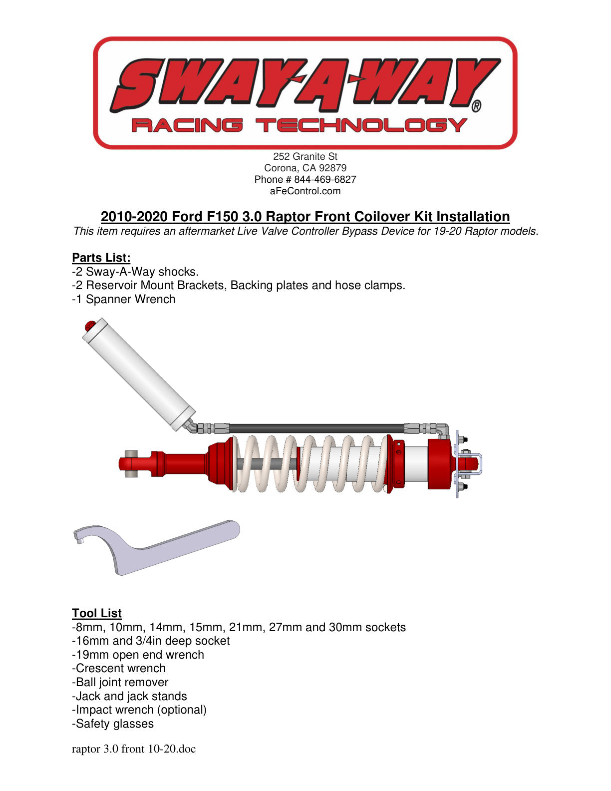 aFe Sway-A-Way 3.0 Coilover Kit | Ford F-150 Raptor (17-19) 3.0" Remote Reservoirs (301-5000-02-CA)