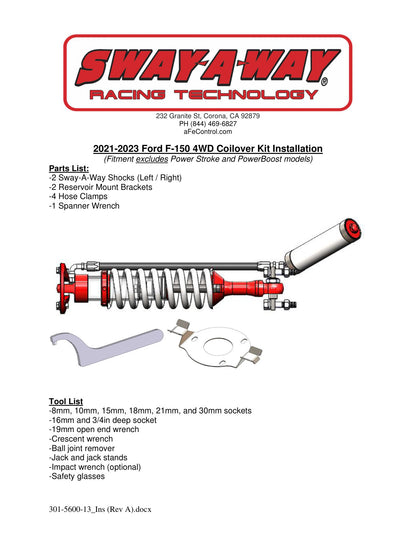 aFe Sway-A-Way 2.5in Front Coilover Kit w/ Remote Reservoirs | Ford F150 2021-23 (4WD) (301-5600-13)