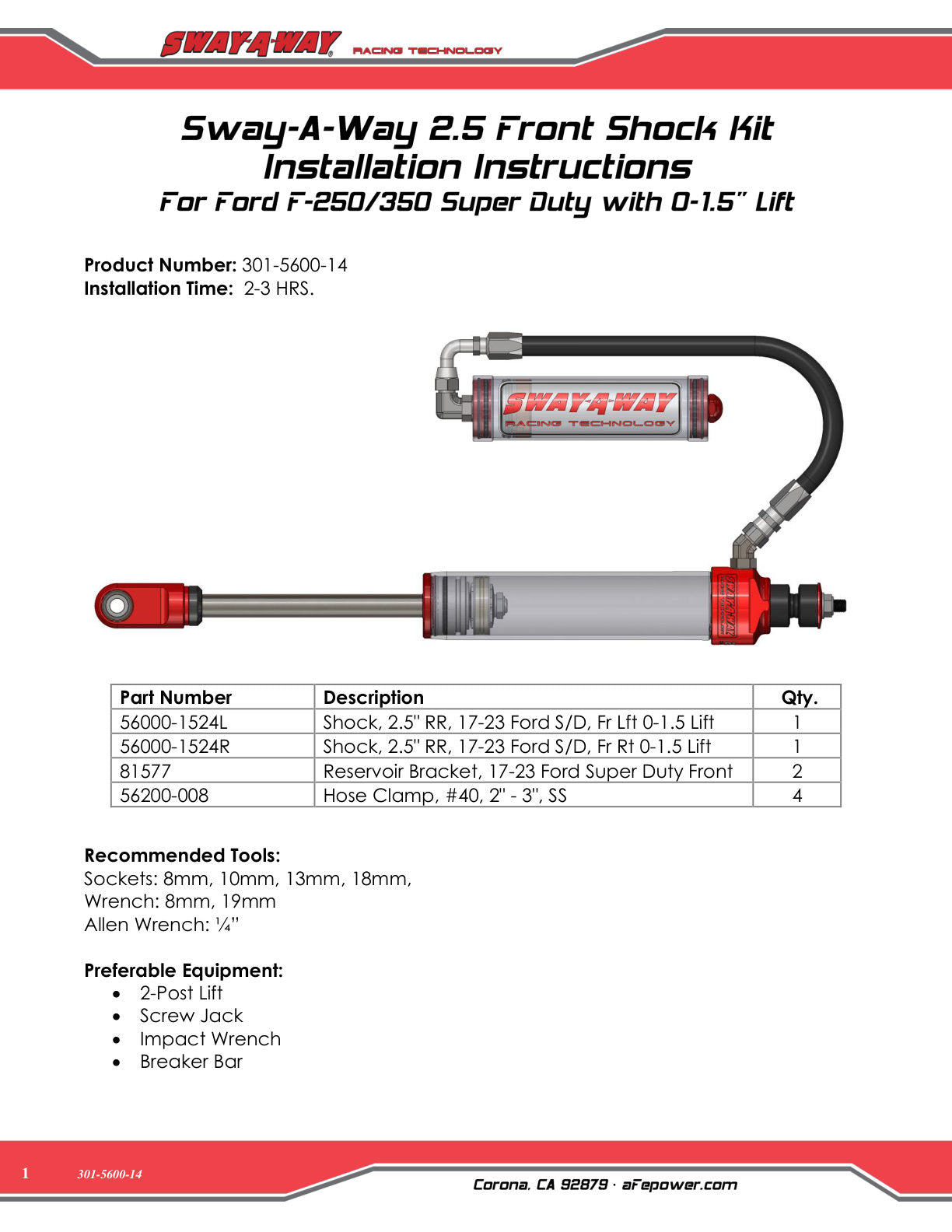 aFe Sway-A-Way 2.5 F&R Shock Kit | Ford F-250/350 17-24 4WD (301-5600-14)