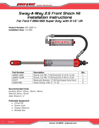 aFe Sway-A-Way 2.5 F&R Shock Kit | Ford F-250/350 17-24 4WD (301-5600-14)
