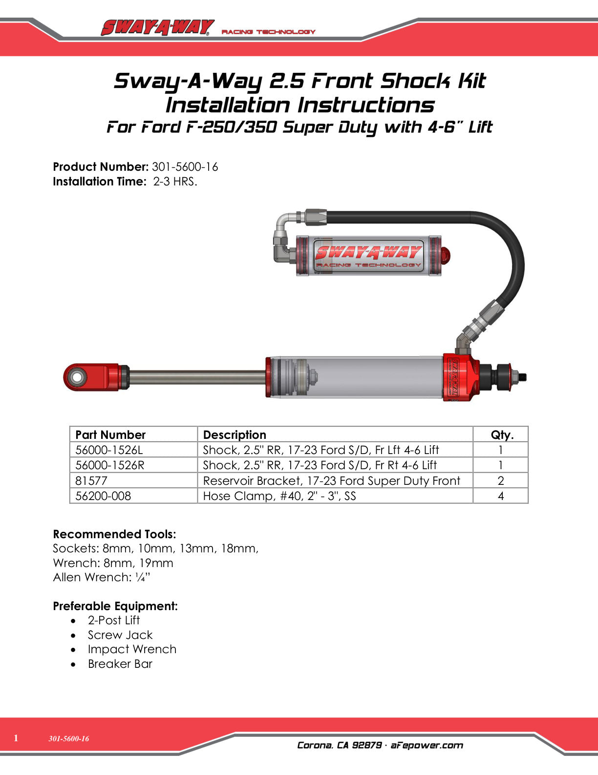 aFe Sway-A-Way 2.5 F&R Shock Kit w/HW | Ford F-250/350 17-24 4WD (301-5600-16)