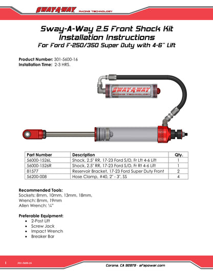 aFe Sway-A-Way 2.5 F&R Shock Kit w/HW | Ford F-250/350 17-24 4WD (301-5600-16)