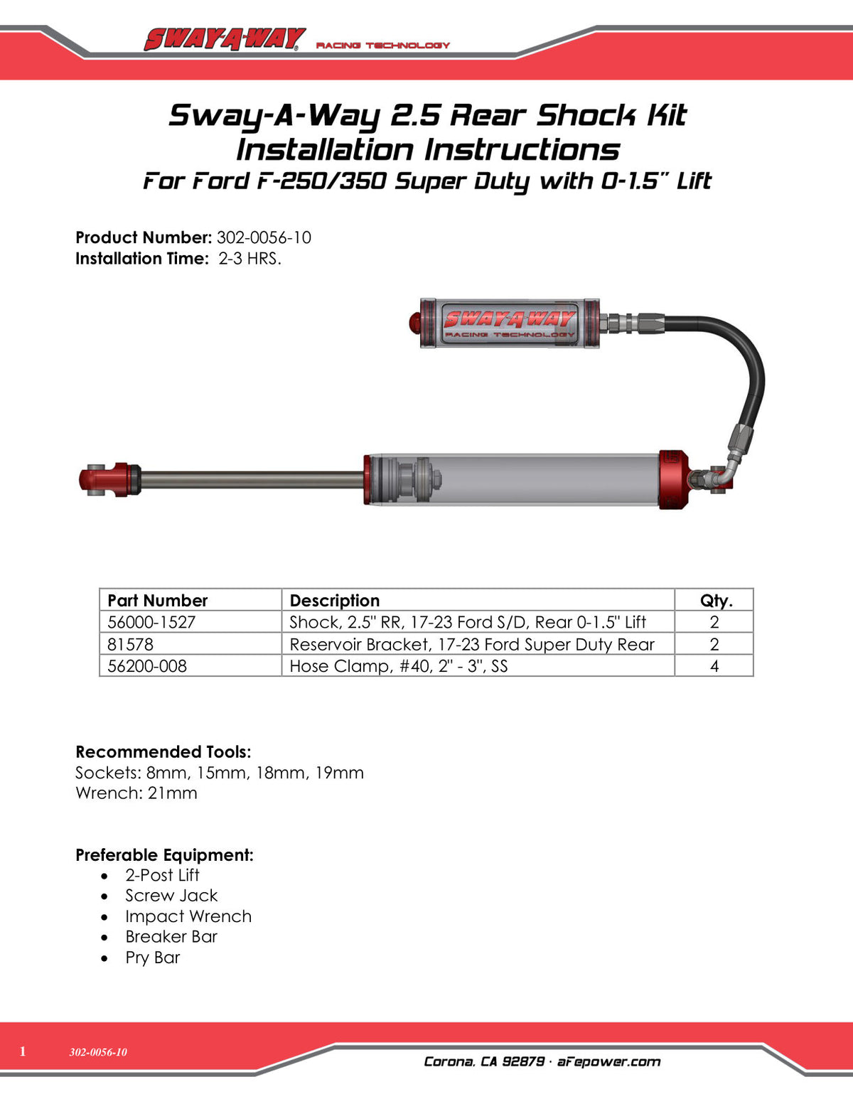 aFe Sway-A-Way 2.5 D&S Rear Shock Kit | Ford F-250/350 17-24 (302-0056-10)