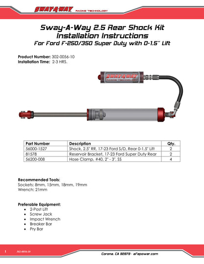 aFe Sway-A-Way 2.5 D&S Rear Shock Kit | Ford F-250/350 17-24 (302-0056-10)
