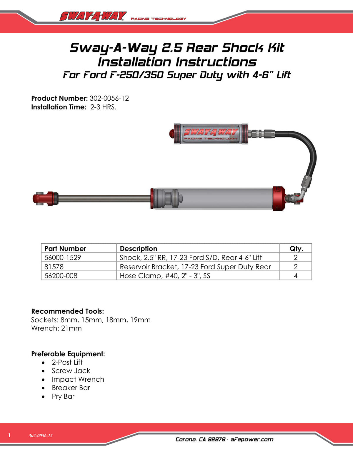 aFe 2.5 Rear Shock Kit w/ Reservoirs for 4-6in Lift Ford F-250/350 (17-24) (302-0056-12)
