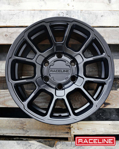 (set of 4) Raceline 950 Gauge Satin Black | 17x8.5" +18mm | 6x139.7mm Wheel