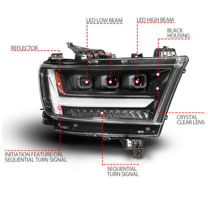 ANZO Full LED Proj Headlight DRL/SeqSig Black Pass. Side | RAM 1500 (19-24) (111628A-R)