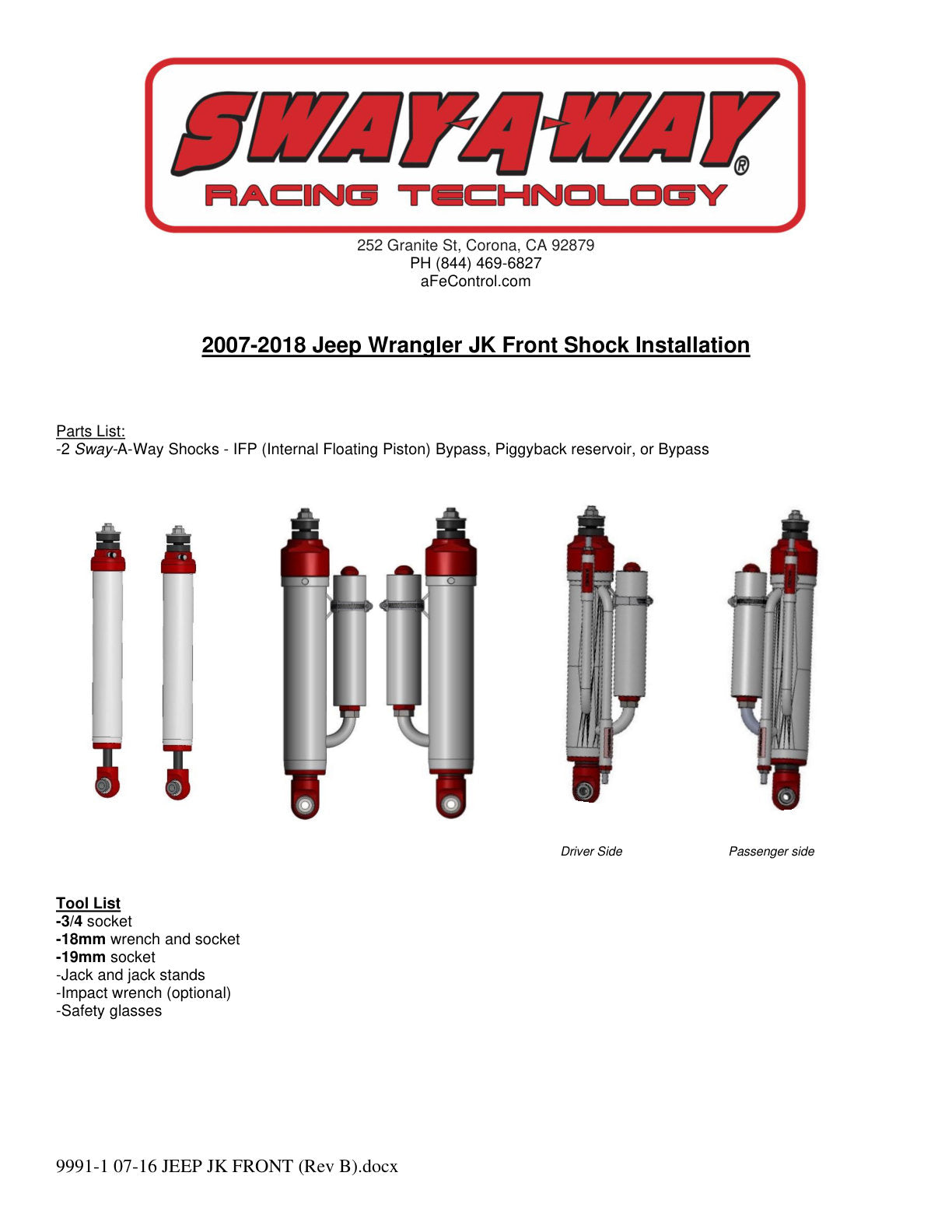 aFe Sway-A-Way 2.0in Front Shock Kit for 0-2in Lifts | Jeep Wrangler JK (07-17) (401-5200-01)