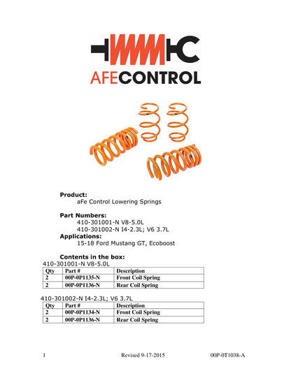 aFe CONTROL Lowering Springs | Ford Mustang GT 2015 (410-301001-N)