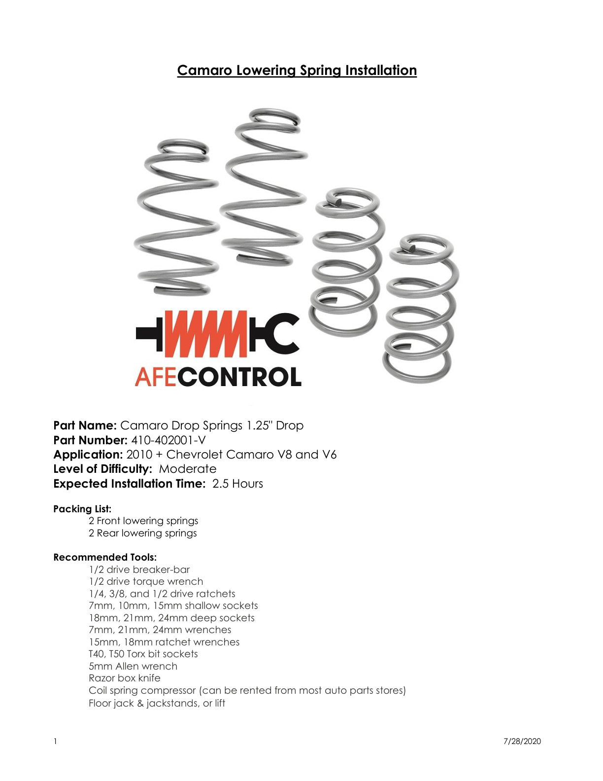 aFe PFADT Lowering Springs | Chevrolet Camaro (10-15) (410-402001-V)