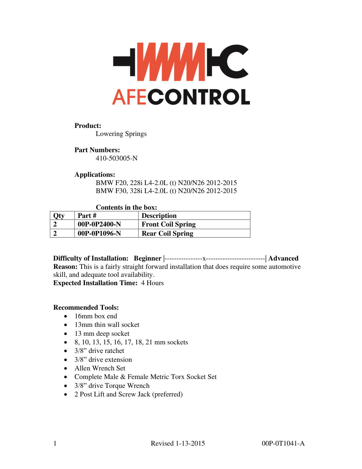 aFe CONTROL Lowering Springs | BMW 228i (F20) / 328i (F30) L4 2.0L N20/N26 (410-503005-N)