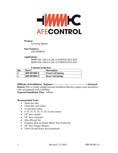 aFe CONTROL Lowering Springs | BMW 228i (F20) / 328i (F30) L4 2.0L N20/N26 (410-503005-N)