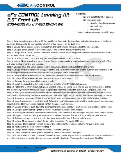 aFe CONTROL 2.0 IN Leveling Kit Red | Ford F-150 (04-21) (416-30T001-R)