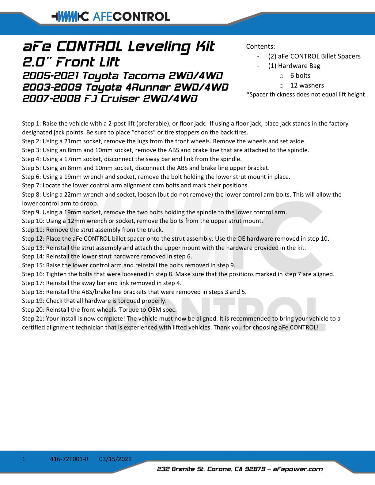 aFe CONTROL 2.0 IN Leveling Kit Red | Toyota 4Runner/FJ Cruiser/Tacoma (05-21) (416-72T001-R)