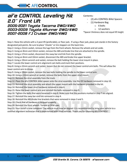 aFe CONTROL 2.0 IN Leveling Kit Red | Toyota 4Runner/FJ Cruiser/Tacoma (05-21) (416-72T001-R)