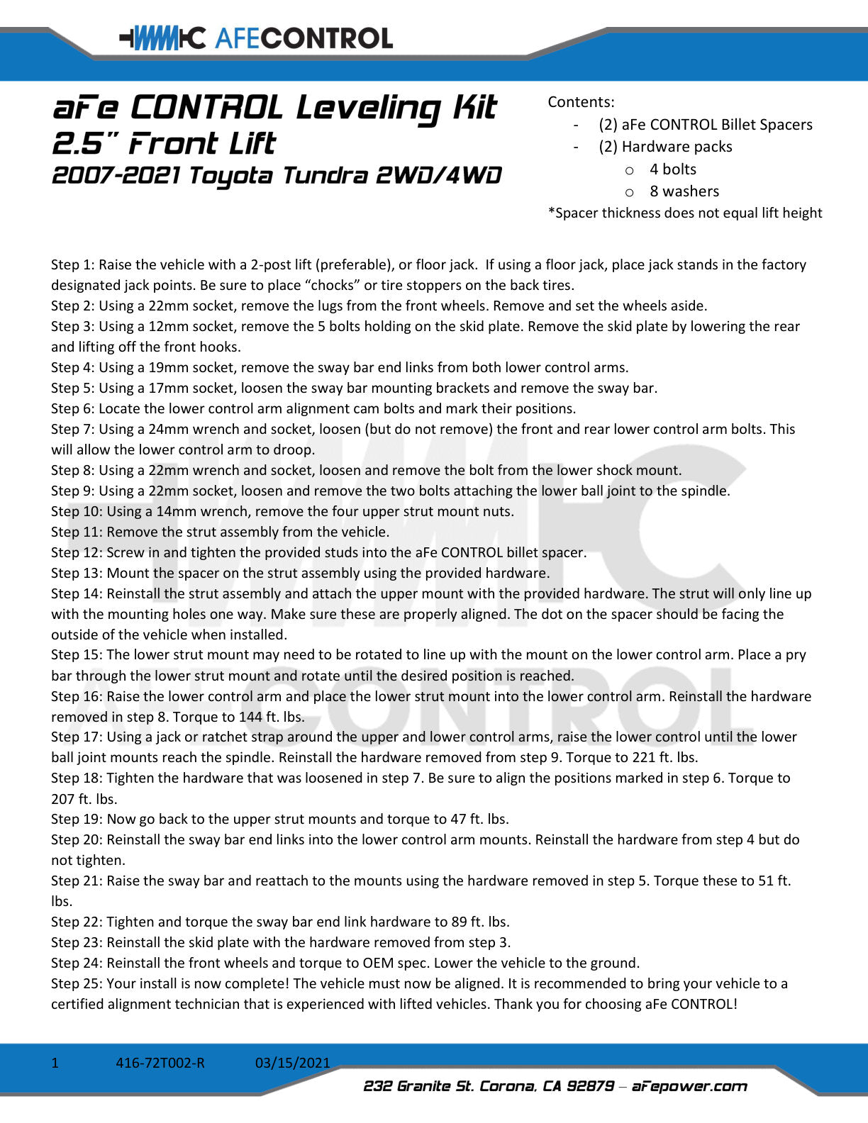aFe CONTROL 2.0 IN / 2.5 IN Leveling Kit Red | Toyota Tundra (07-21) (416-72T002-R)