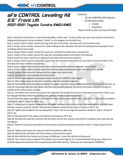 aFe CONTROL 2.0 IN / 2.5 IN Leveling Kit Red | Toyota Tundra (07-21) (416-72T002-R)