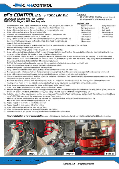aFe CONTROL 2.5 IN Front & 1 IN Rear Lift Kit | Toyota Tundra V6-3.4L (22-24) (416-72T009-R)