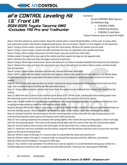 aFe 24-25 Toyota Tacoma 1.5in Leveling Kit | 2024-26 (416-72T010-R)
