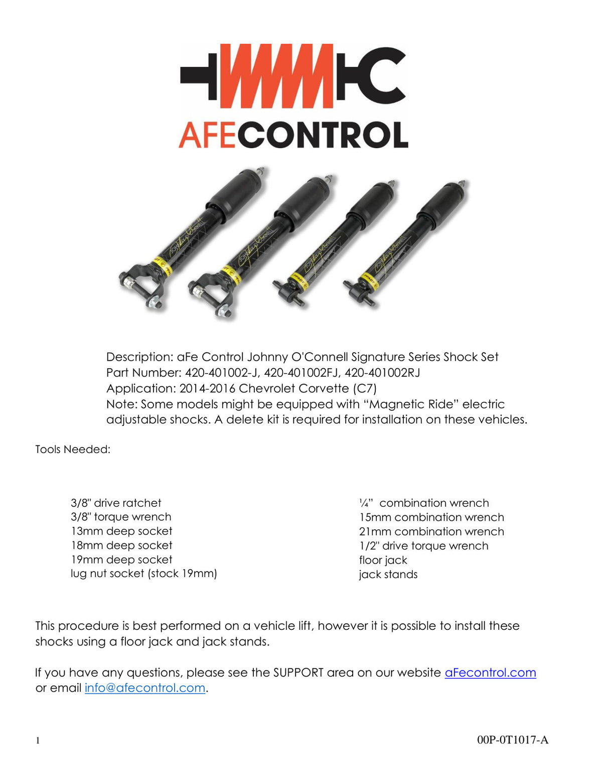 aFe Johnny O'Connell F&R Shock Kit | Corvette C7 (14-15) (420-401002-J)