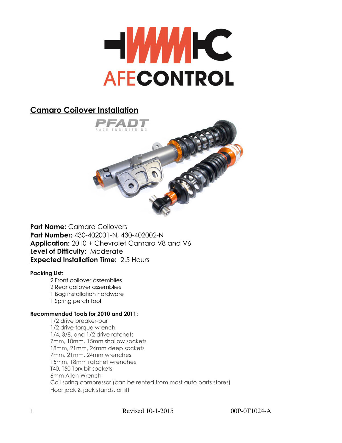 aFe PFADT Series Featherlight Coilover System | Camaro V6/V8 (10-14) (430-402001-N)