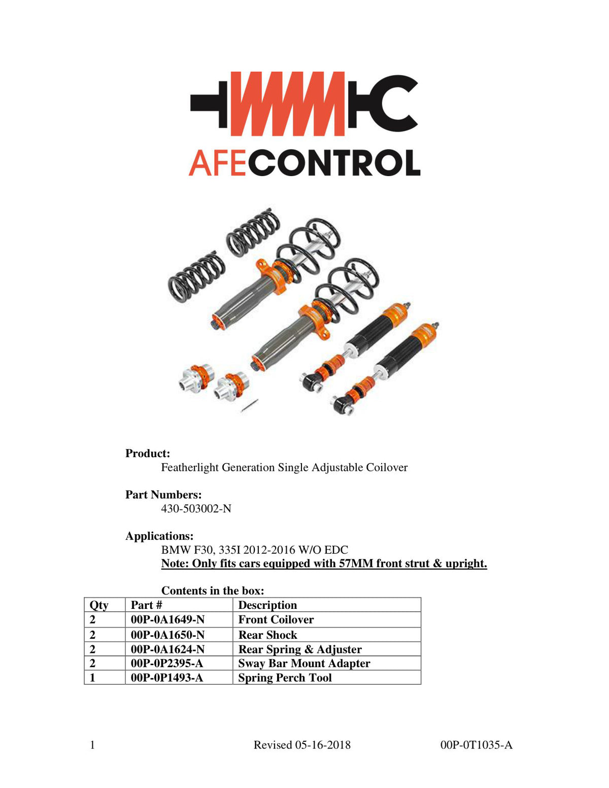 aFe Featherlight Adj Coilover | BMW 335i (12-15) (F30) (430-503002-N)