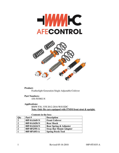 aFe Featherlight Adj Coilover | BMW 335i (12-15) (F30) (430-503002-N)
