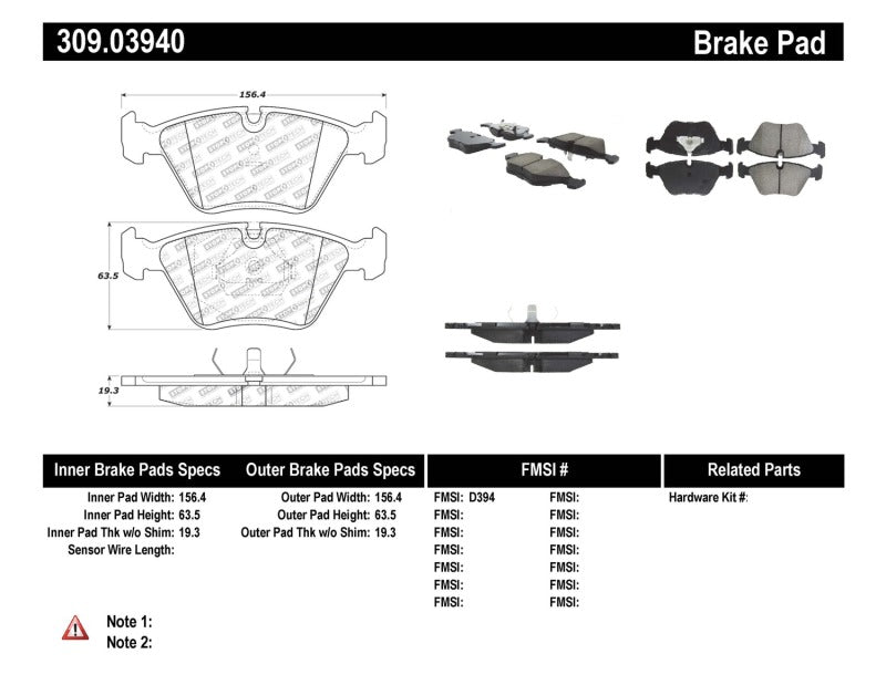 StopTech Front Brake Pads | BMW M3 (95-99) / M3 E46 (01-07) / M5 (89-93) / Z3 M (98-02) / 530 (93-95) (309.03940)