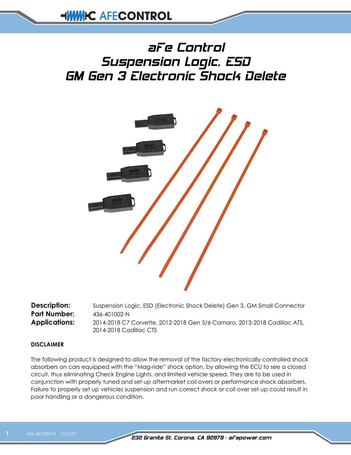 aFe Suspension Logic Shock Modules w/ Small Connector | Chevy Corvette (14-19) (436-401002-N)