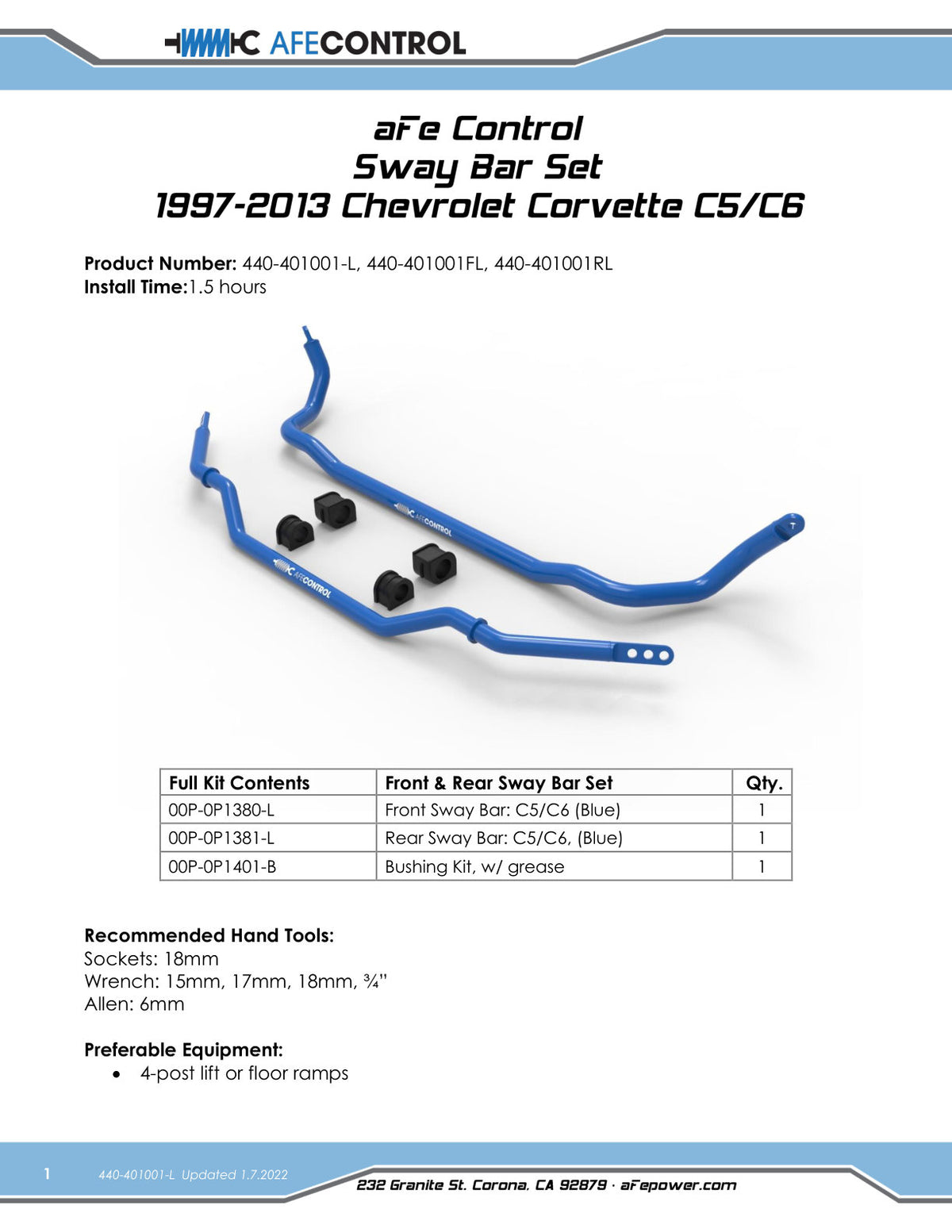 aFe CONTROL Front and Rear Sway Bar Set | Chevrolet Corvette C5/C6 (97-13) (440-401001-L)