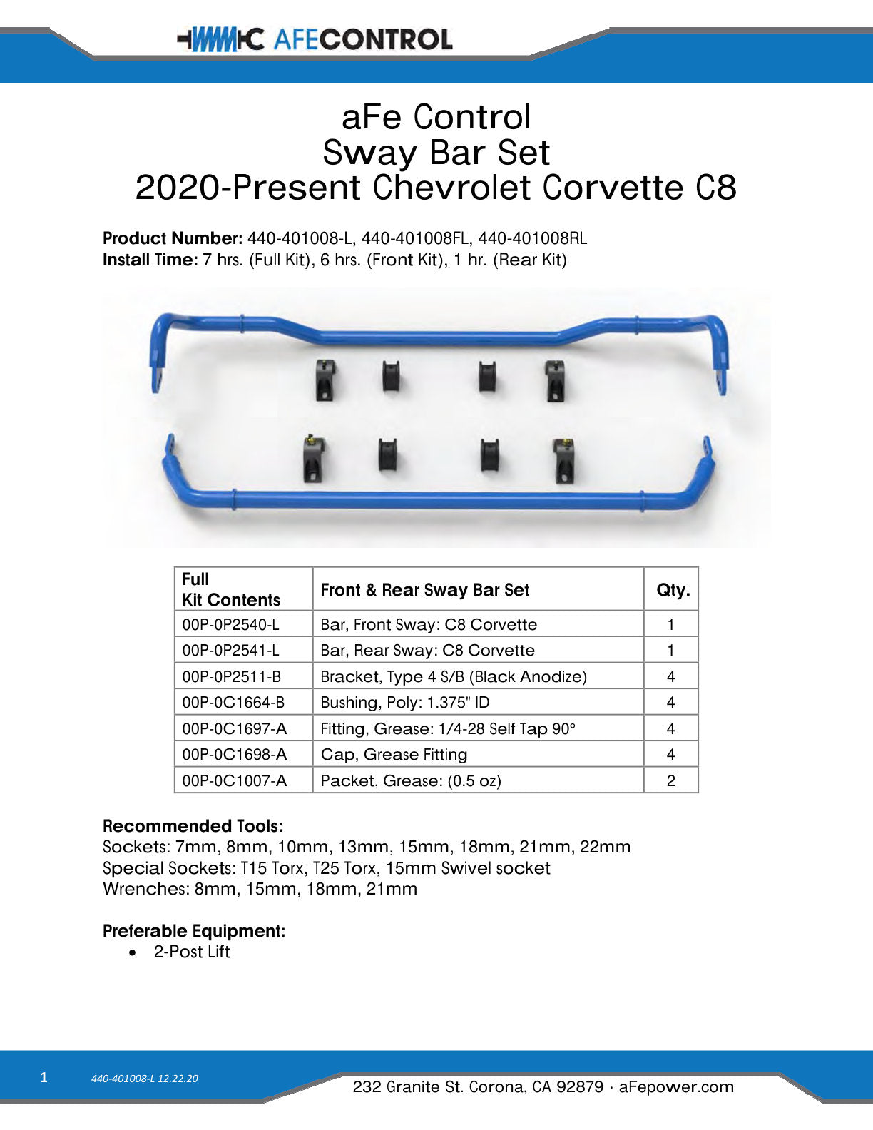 aFe 3-Way Adjustable Front Sway Bar | Chevrolet Corvette C8 (20) V8-6.2L (440-401008FL)