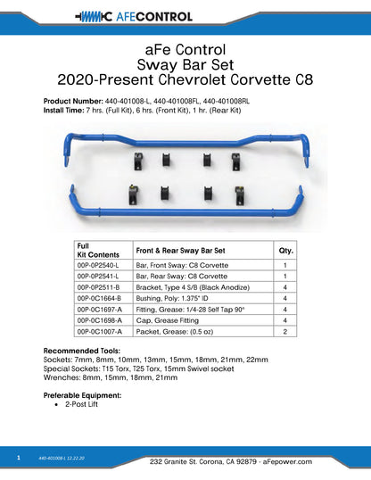 aFe 3-Way Adjustable Front Sway Bar | Chevrolet Corvette C8 (20) V8-6.2L (440-401008FL)