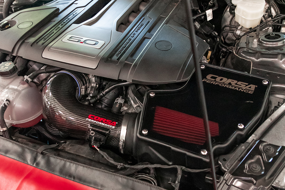 CORSA Black, Forged Carbon Fiber / Plastic Closed Box Air Intake | 2018-2023 Ford Mustang GT 5.0L V8 (44007, 419850)