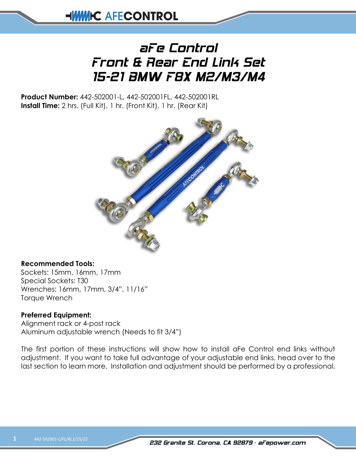 aFe Adjustable Front & Rear End Link Set Blue | BMW M2 (15-21) / M3 (15-18) (442-502001-L)