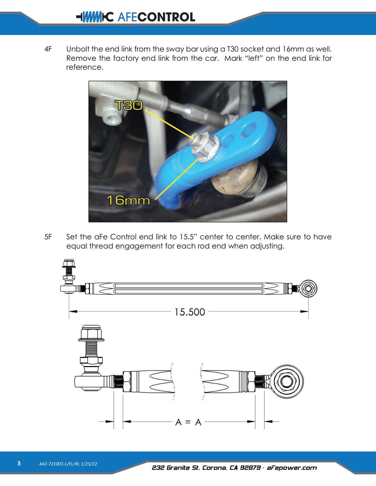 aFe CONTROL Front Adjustable End Link Set | Toyota Supra 3.0 (20-26) (442-721001FL)