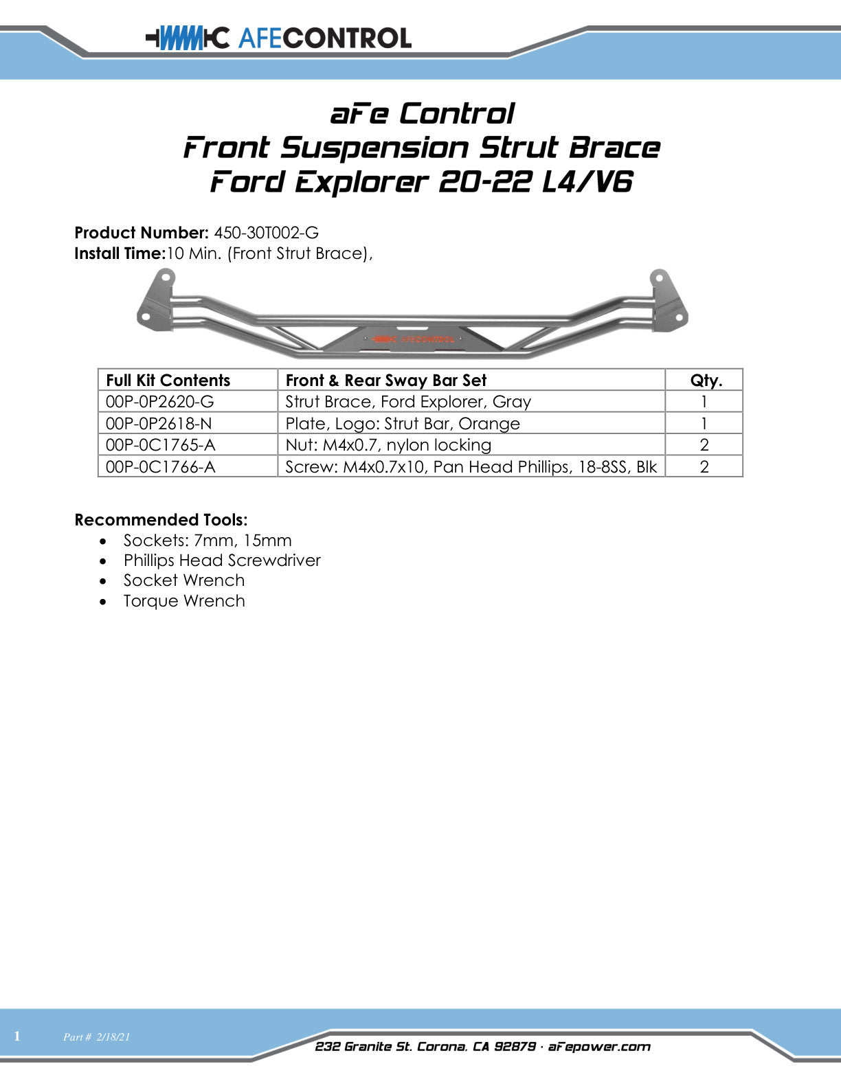 aFe CONTROL Tubular Steel Front Suspension Strut Brace | Ford Explorer (20-22) (450-30T002-G)