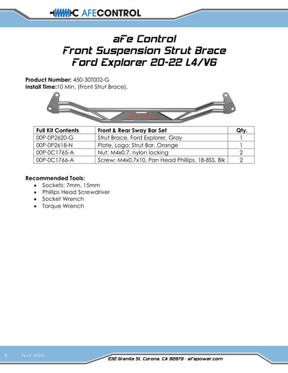 aFe CONTROL Tubular Steel Front Suspension Strut Brace | Ford Explorer (20-22) (450-30T002-G)