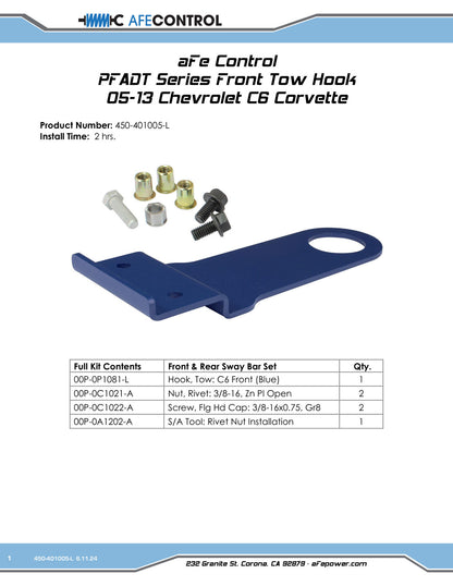 aFe Control PFADT Series Front Tow Hook | Chevrolet Corvette (05-13) (450-401005-L)