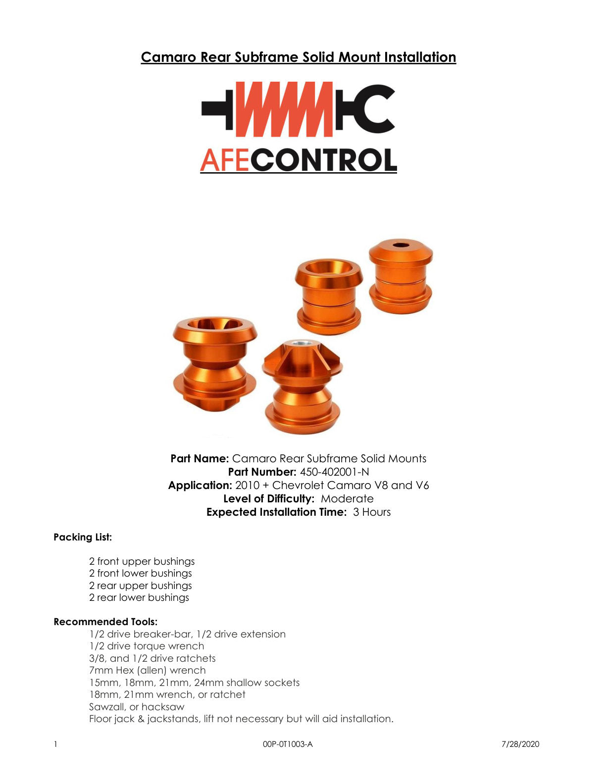 aFe CONTROL Solid Rear Subframe Mount Set | Chevrolet Camaro (10-14) (450-402001-N)