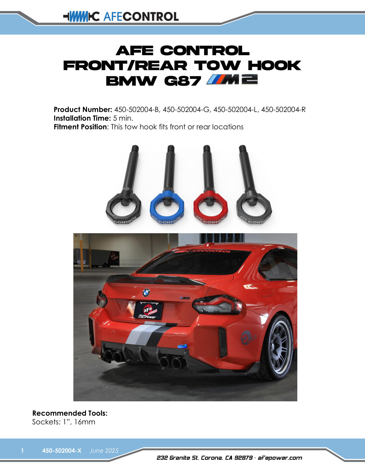 aFe 23-25 BMW M2 (G87) CONTROL F&R Tow Hook Blue (450-502004-L)