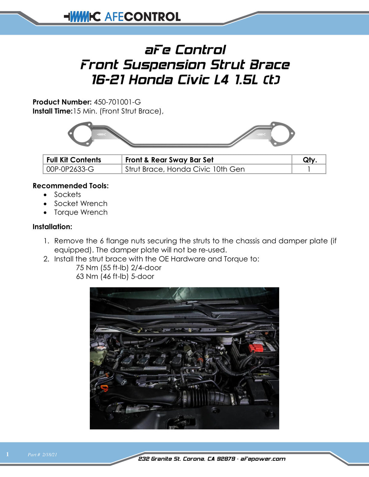 aFe CONTROL Front Strut Brace | Honda Civic L4 (16-21) (450-701001-G)