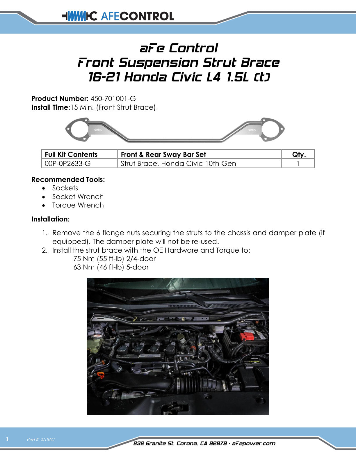 aFe CONTROL Front Strut Brace | Honda Civic L4 (16-21) (450-701001-G)