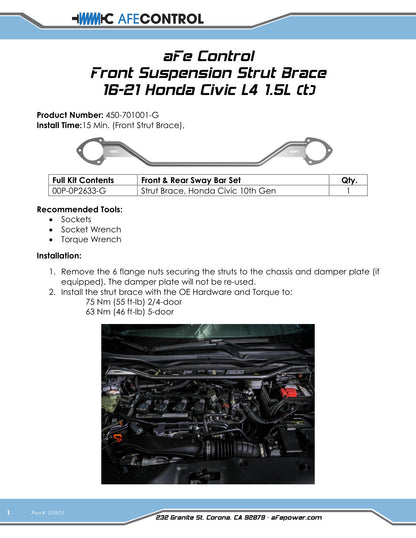 aFe CONTROL Front Strut Brace | Honda Civic L4 (16-21) (450-701001-G)
