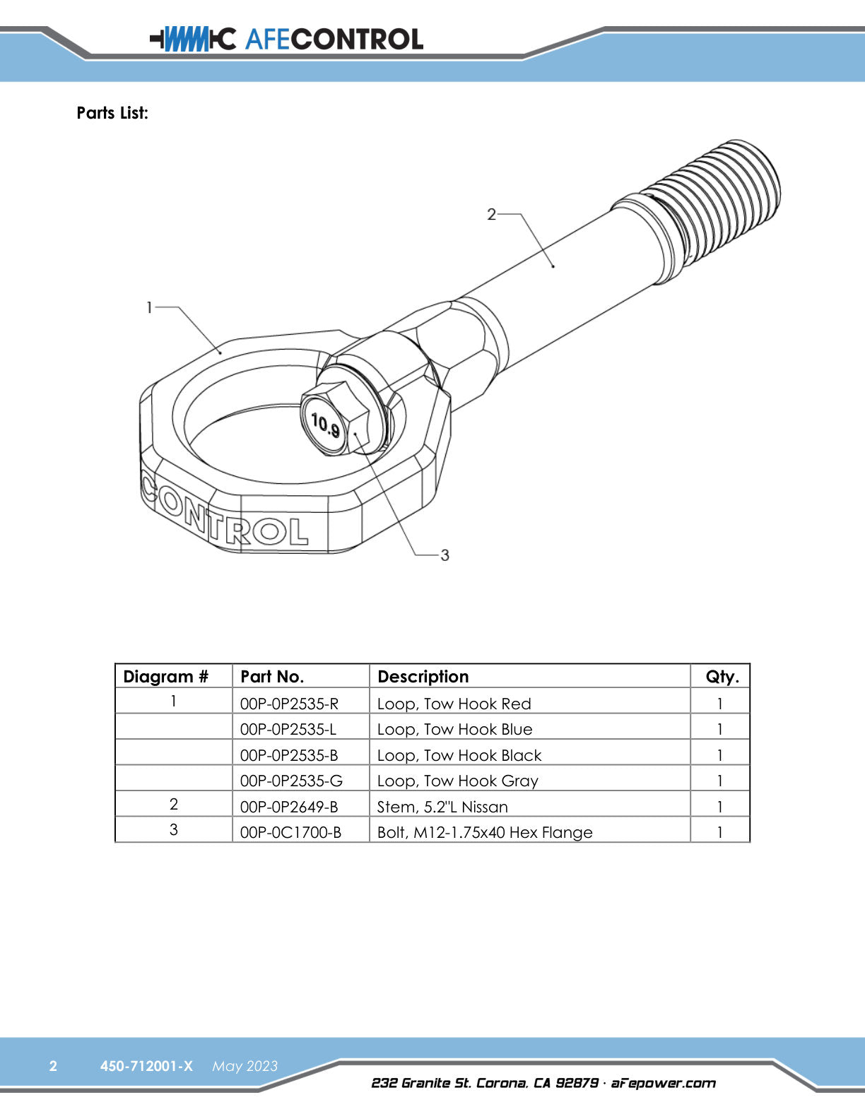 aFe Control Tow Hook | Nissan Z/370Z (09-23) (450-712001-L)