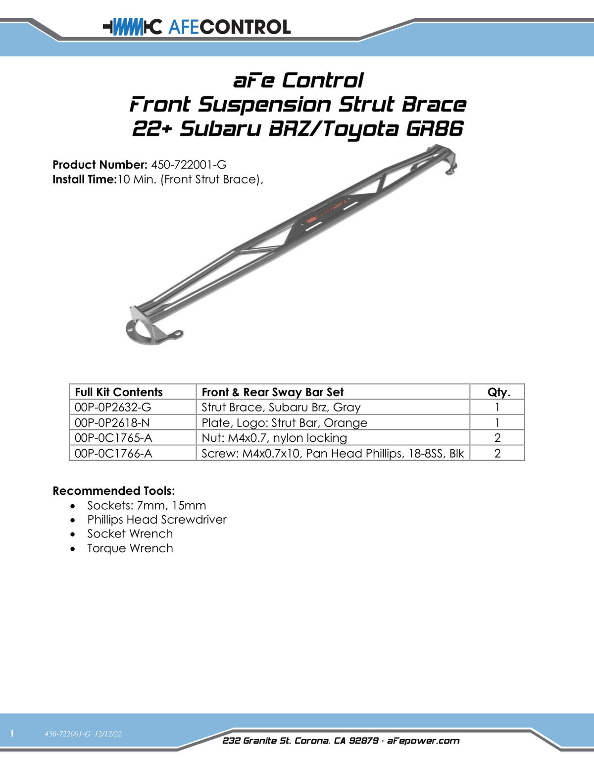 aFe Front Suspension Strut Brace Gray | Subaru BRZ / Toyota GR86 (22-23) (450-722001-G)