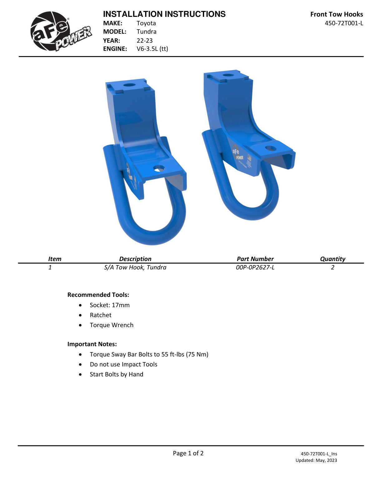 aFe Front Tow Hook Blue | Toyota Tundra V6-3.5L (22+) (450-72T001-L)