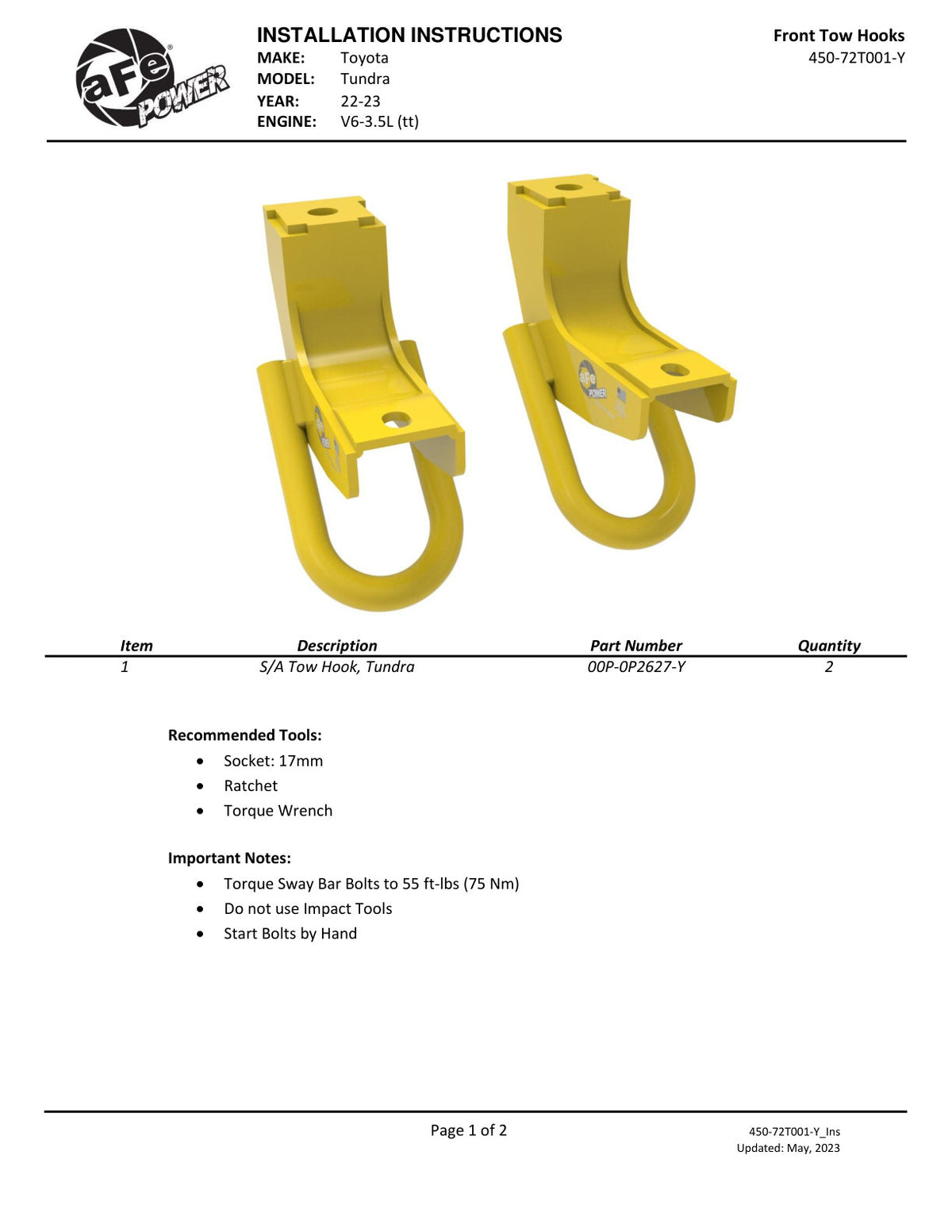 aFe Front Tow Hook Yellow | Toyota Tundra 2022 V6-3.5L (450-72T001-Y)