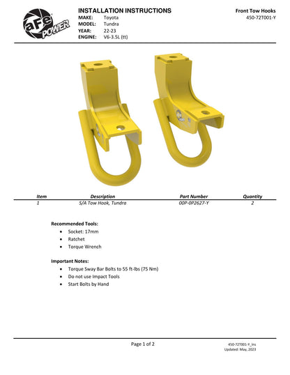 aFe Front Tow Hook Yellow | Toyota Tundra 2022 V6-3.5L (450-72T001-Y)