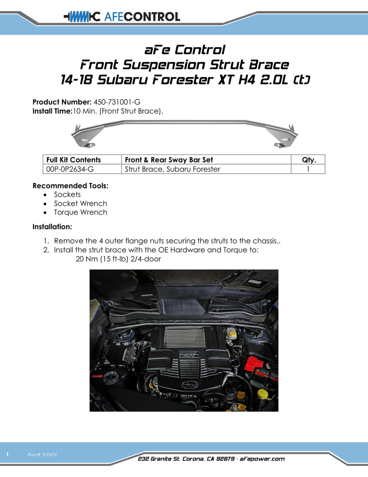 aFe Front Suspension Strut Brace Gunmetal Gray | Subaru Forester (14-18) (450-731001-G)