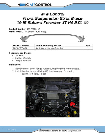 aFe Front Suspension Strut Brace Gunmetal Gray | Subaru Forester (14-18) (450-731001-G)